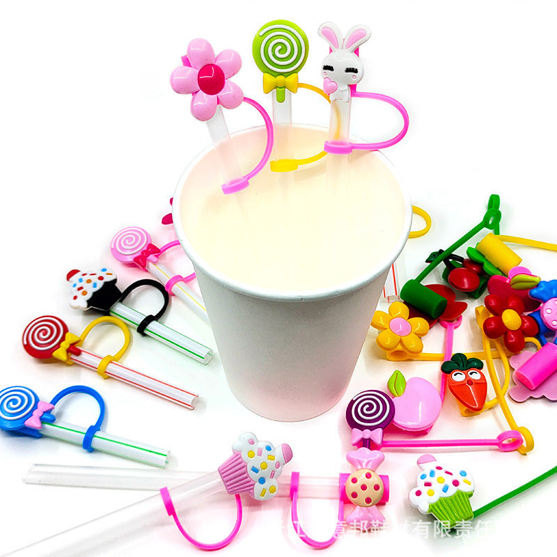Wholesale 10pcs/pack Straw Cap Flower Fruit Straw Cover Silicone Dust Plug Party Straw